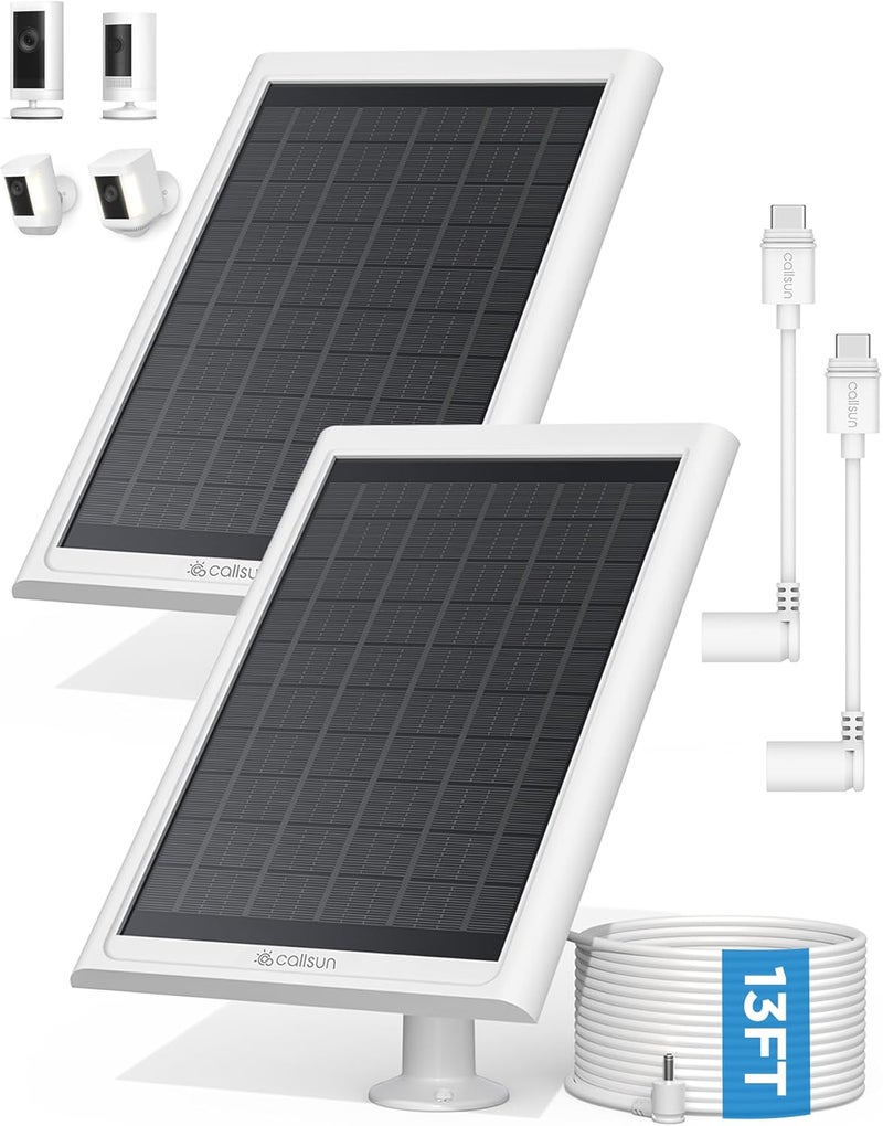 Callsun Solar Panel for Ring Camera – Compatible with Ring Stick Up Cam Battery/Pro & Spotlight Cam Battery/Plus/Pro, 6W Solar Charger with 13FT Cable, IP68 Waterproof, USB-C & DC 2Pack (White) - Image 1